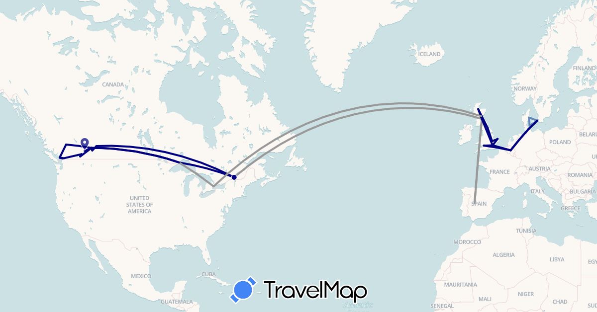 TravelMap itinerary: driving, plane, cycling in Belgium, Canada, Germany, Denmark, Spain, United Kingdom (Europe, North America)